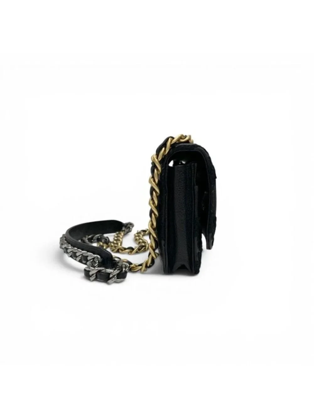 Chanel Shoulder Bag Black Gold Silver 19 CC Logo Crochet Chain Wallet